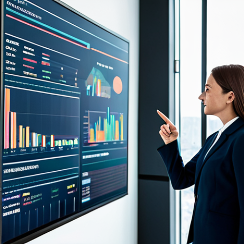 Home 6 A professional data analyst, female, dressed in a modest business suit, collaborating with a male colleague. They are pointing at and discussing a large, transparent holographic display showing intricate data visualizations, vibrant growth charts, and analytical insights. The setting is a sleek, modern, well-lit tech office with a minimalist design and large windows revealing a city skyline. Professional photography, high resolution, soft studio lighting, crisp focus, vibrant colors, perfect anatomy, correct proportions, natural pose, well-formed hands, proper finger count, natural body proportions, safe for work, appropriate content, fully clothed, professional dress.