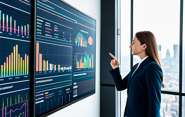 A professional data analyst, female, dressed in a modest business suit, collaborating with a male colleague. They are pointing at and discussing a large, transparent holographic display showing intricate data visualizations, vibrant growth charts, and analytical insights. The setting is a sleek, modern, well-lit tech office with a minimalist design and large windows revealing a city skyline. Professional photography, high resolution, soft studio lighting, crisp focus, vibrant colors, perfect anatomy, correct proportions, natural pose, well-formed hands, proper finger count, natural body proportions, safe for work, appropriate content, fully clothed, professional dress.